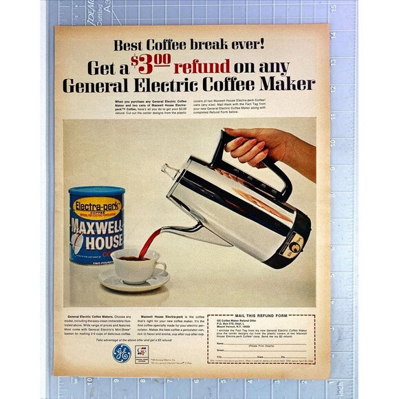 Maxwell House Electra-perk Coffee & GE Electric Coffee Maker" Vtg Print Ad 1968 - Picture 2 of 3